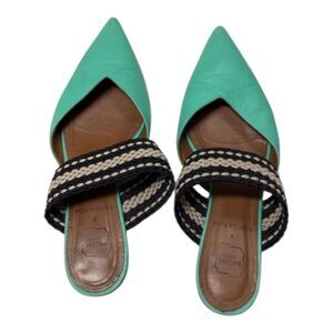 Malone Souliers Green Leather Maisie Pointed Toe Mules with Striped Trim